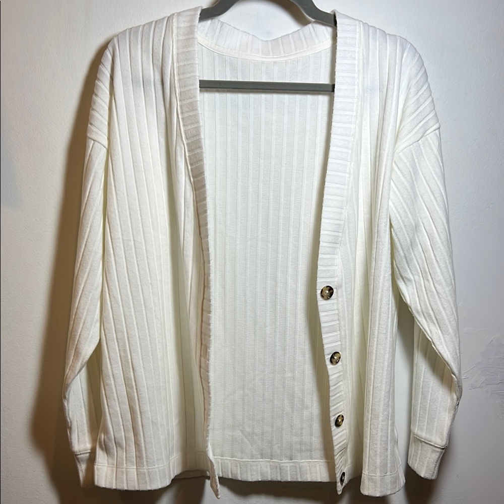Elegant White Cardigan Sweater Alo Yoga Ribbed Take Comfort Sweater XS